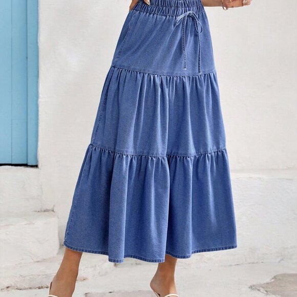 Medium Wash Boho Women's Relaxed Elastic Waist Long Denim Skirt - Picture 6 of 6